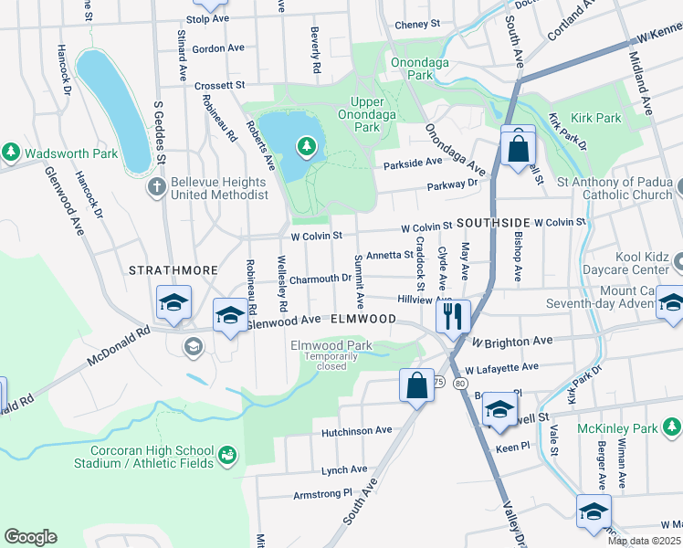 map of restaurants, bars, coffee shops, grocery stores, and more near 240 Arlington Avenue in Syracuse