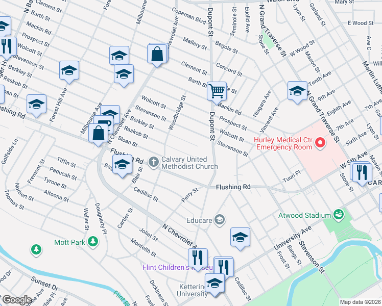 map of restaurants, bars, coffee shops, grocery stores, and more near 1916 Raskob Street in Flint