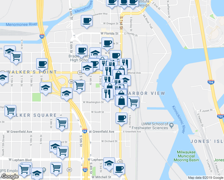 map of restaurants, bars, coffee shops, grocery stores, and more near 128 West Mineral Street in Milwaukee