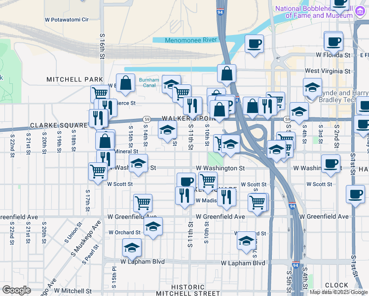 map of restaurants, bars, coffee shops, grocery stores, and more near 927A South 11th Street in Milwaukee