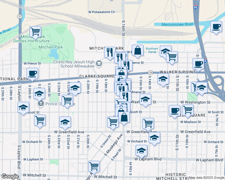 map of restaurants, bars, coffee shops, grocery stores, and more near 1704 West Mineral Street in Milwaukee