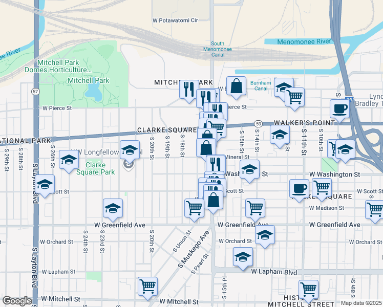 map of restaurants, bars, coffee shops, grocery stores, and more near 1704 West Mineral Street in Milwaukee