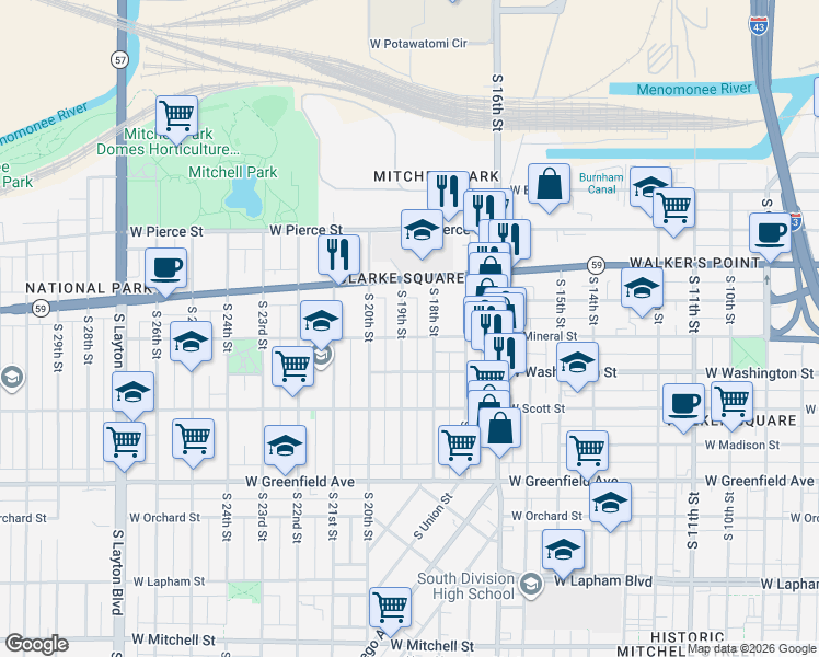 map of restaurants, bars, coffee shops, grocery stores, and more near 923 South 18th Street in Milwaukee