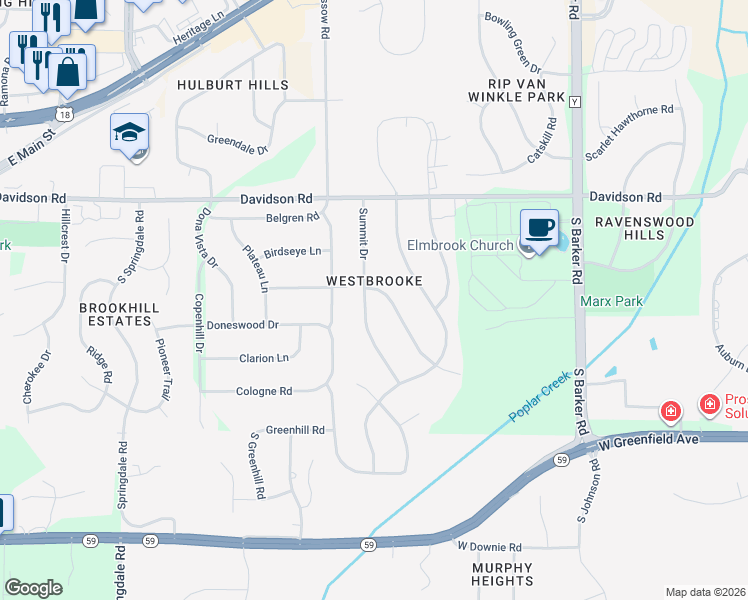 map of restaurants, bars, coffee shops, grocery stores, and more near 1005 Summit Drive in Waukesha