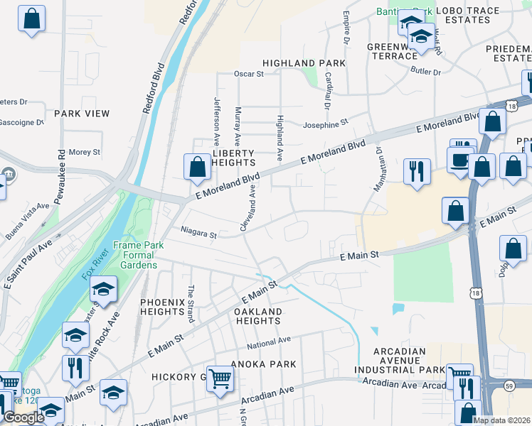 map of restaurants, bars, coffee shops, grocery stores, and more near 1446 Niagara Court in Waukesha