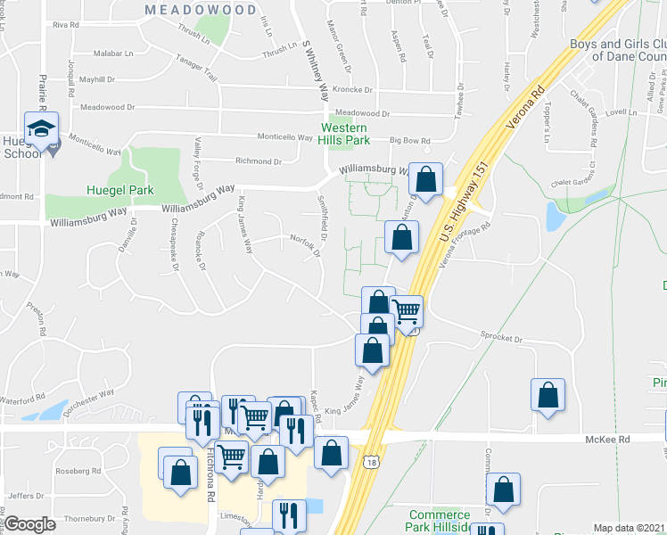 map of restaurants, bars, coffee shops, grocery stores, and more near 5702 Norfolk Drive in Fitchburg
