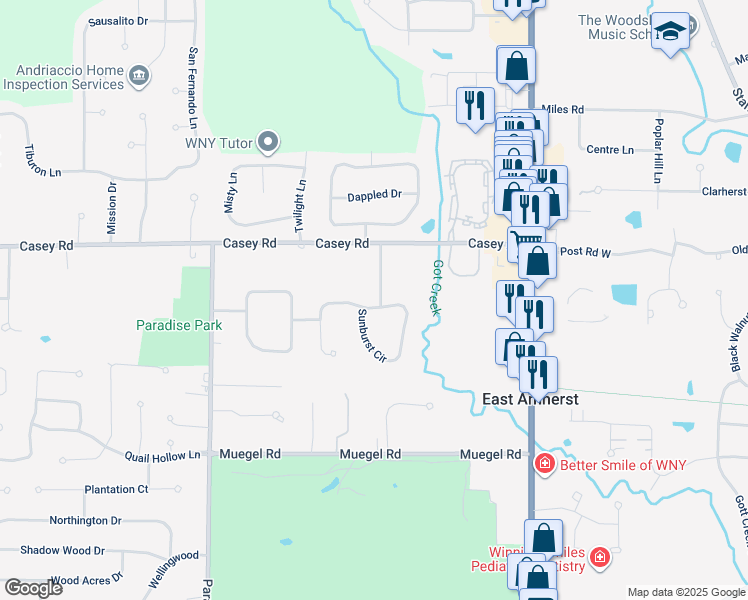 map of restaurants, bars, coffee shops, grocery stores, and more near 58 Redspire Way in East Amherst