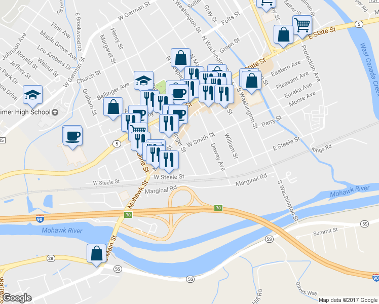map of restaurants, bars, coffee shops, grocery stores, and more near 307 S Bellinger St in Herkimer