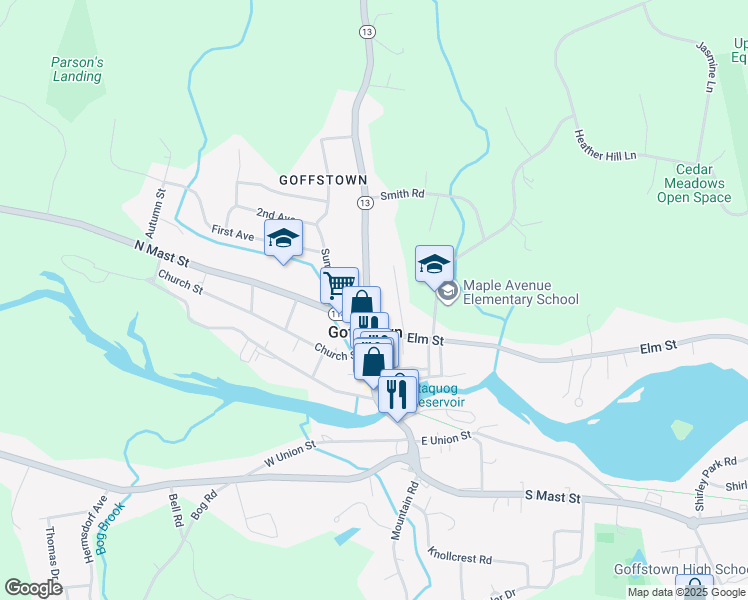 map of restaurants, bars, coffee shops, grocery stores, and more near 12 High Street in Goffstown