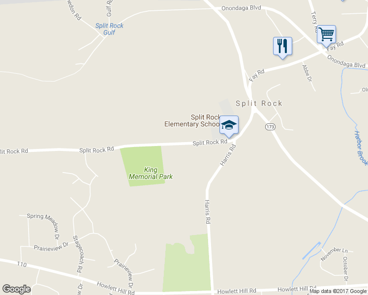 map of restaurants, bars, coffee shops, grocery stores, and more near 4106 Split Rock Road in Camillus