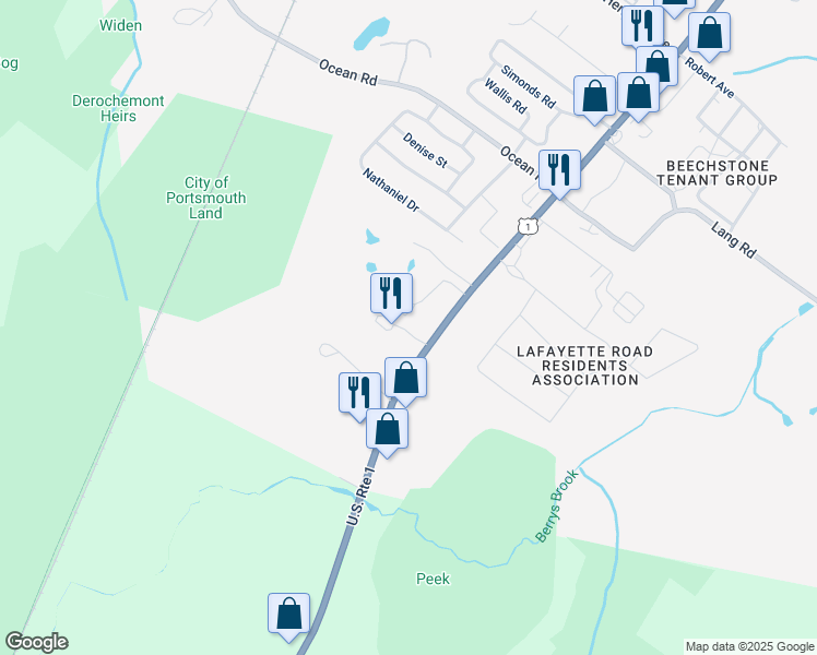 map of restaurants, bars, coffee shops, grocery stores, and more near 110 Coach Road in Portsmouth