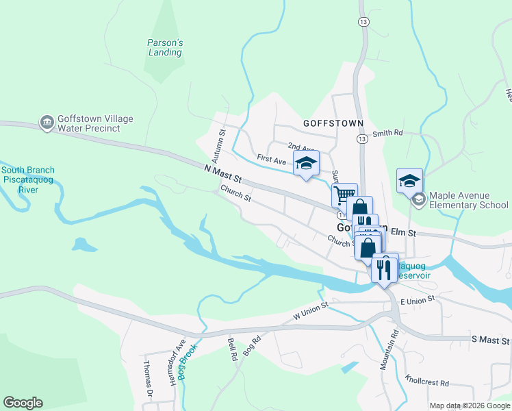 map of restaurants, bars, coffee shops, grocery stores, and more near 59 Church Street in Goffstown