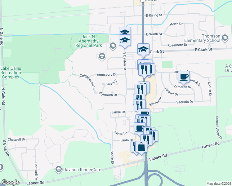 map of restaurants, bars, coffee shops, grocery stores, and more near 316 Plymouth Drive in Davison