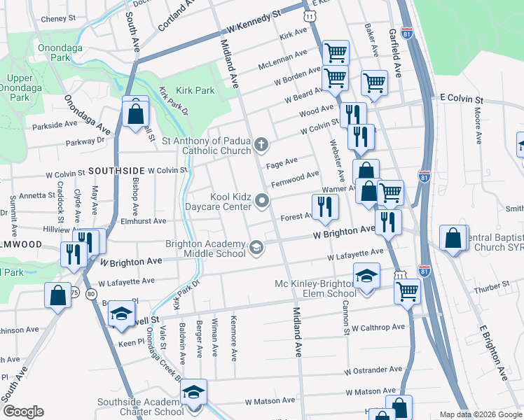 map of restaurants, bars, coffee shops, grocery stores, and more near 1816-22 Midland Avenue in Syracuse