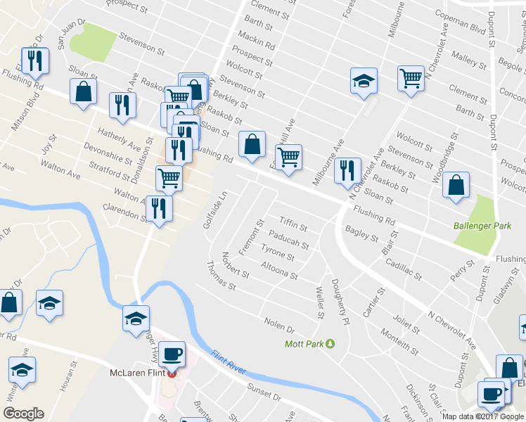 map of restaurants, bars, coffee shops, grocery stores, and more near 901 Fremont Street in Flint