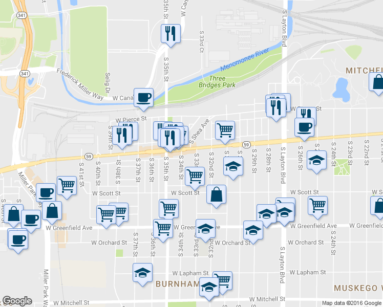 map of restaurants, bars, coffee shops, grocery stores, and more near 3313 West National Avenue in Milwaukee