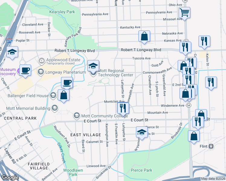 map of restaurants, bars, coffee shops, grocery stores, and more near 514 South Franklin Avenue in Flint