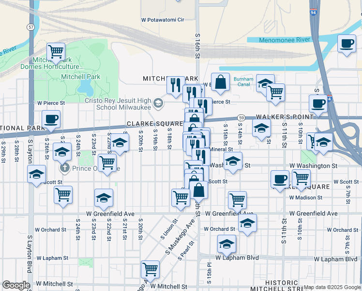 map of restaurants, bars, coffee shops, grocery stores, and more near 1704 West Mineral Street in Milwaukee