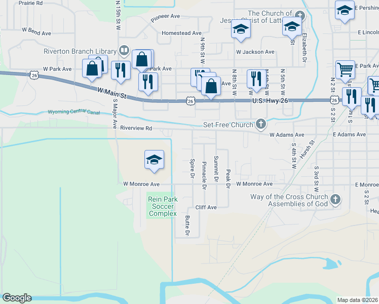 map of restaurants, bars, coffee shops, grocery stores, and more near 401 Spire Drive in Riverton