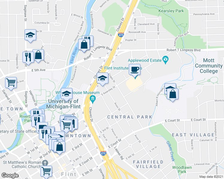map of restaurants, bars, coffee shops, grocery stores, and more near 910 East Kearsley Street in Flint