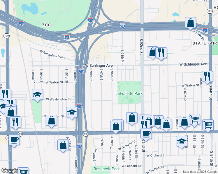 map of restaurants, bars, coffee shops, grocery stores, and more near 923 South 96th Street in West Allis