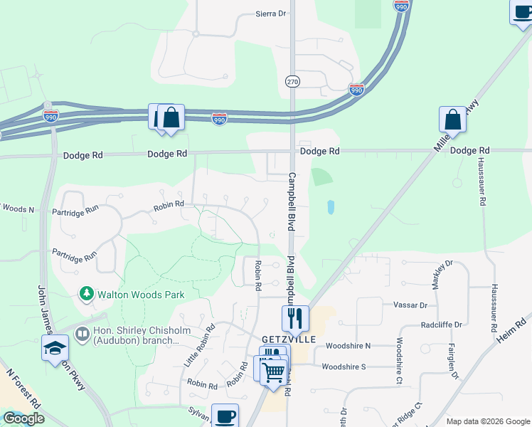 map of restaurants, bars, coffee shops, grocery stores, and more near 837 Robin Road in Buffalo