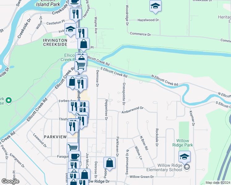 map of restaurants, bars, coffee shops, grocery stores, and more near 39 Roundwood Court in Buffalo