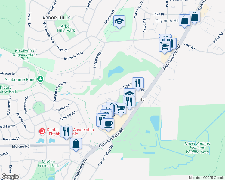 map of restaurants, bars, coffee shops, grocery stores, and more near 2520 High Ridge Trail in Fitchburg