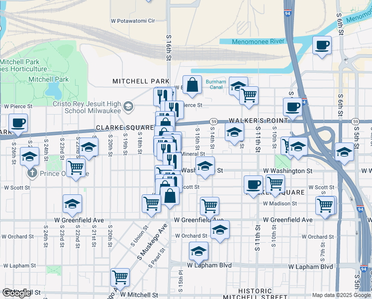 map of restaurants, bars, coffee shops, grocery stores, and more near 1530-1532 West Mineral Street in Milwaukee