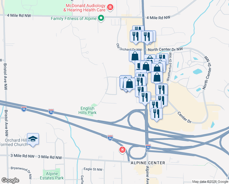 map of restaurants, bars, coffee shops, grocery stores, and more near 3189 Abington Dr NW in Grand Rapids