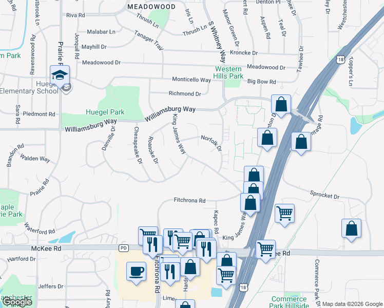 map of restaurants, bars, coffee shops, grocery stores, and more near 2903 King James Way in Fitchburg
