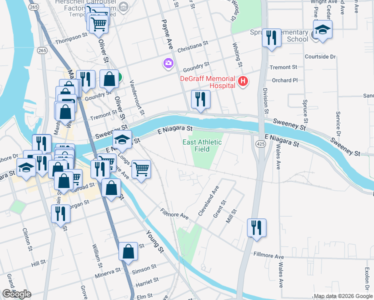 map of restaurants, bars, coffee shops, grocery stores, and more near 51 Douglas Street in Tonawanda