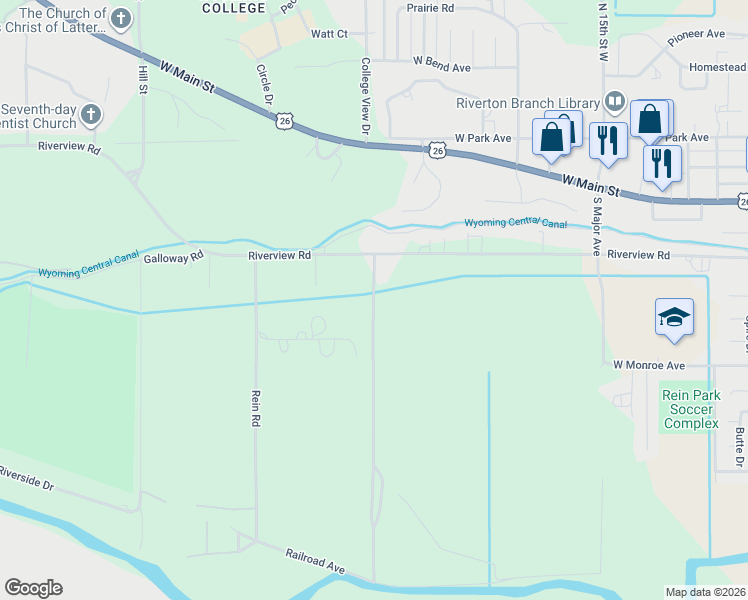 map of restaurants, bars, coffee shops, grocery stores, and more near 2245 Riverview Road in Riverton