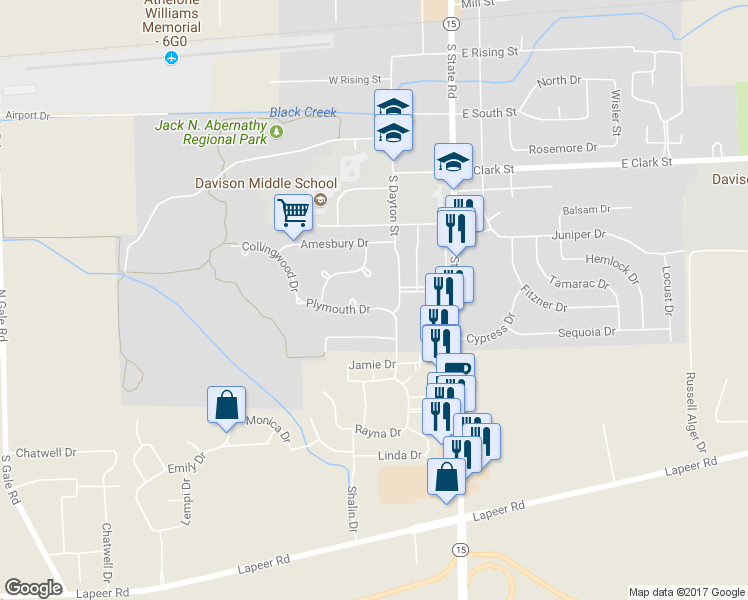 map of restaurants, bars, coffee shops, grocery stores, and more near 316 Plymouth Drive in Davison