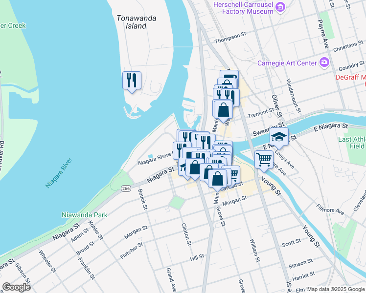 map of restaurants, bars, coffee shops, grocery stores, and more near 24 Niagara Shore Drive in Tonawanda