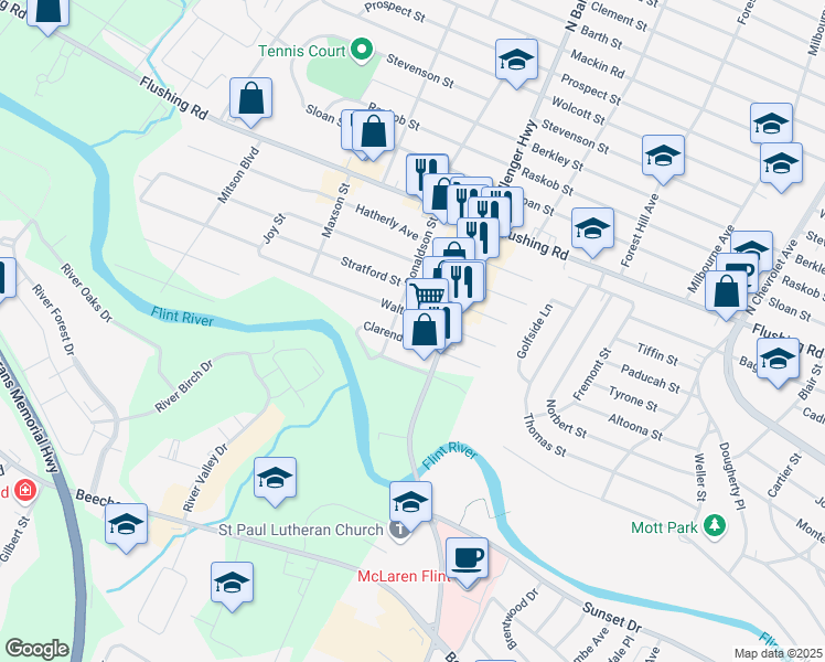 map of restaurants, bars, coffee shops, grocery stores, and more near 3058 Clarendon Street in Flint