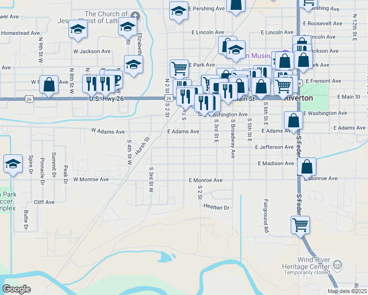 map of restaurants, bars, coffee shops, grocery stores, and more near 110 East Jefferson Avenue in Riverton