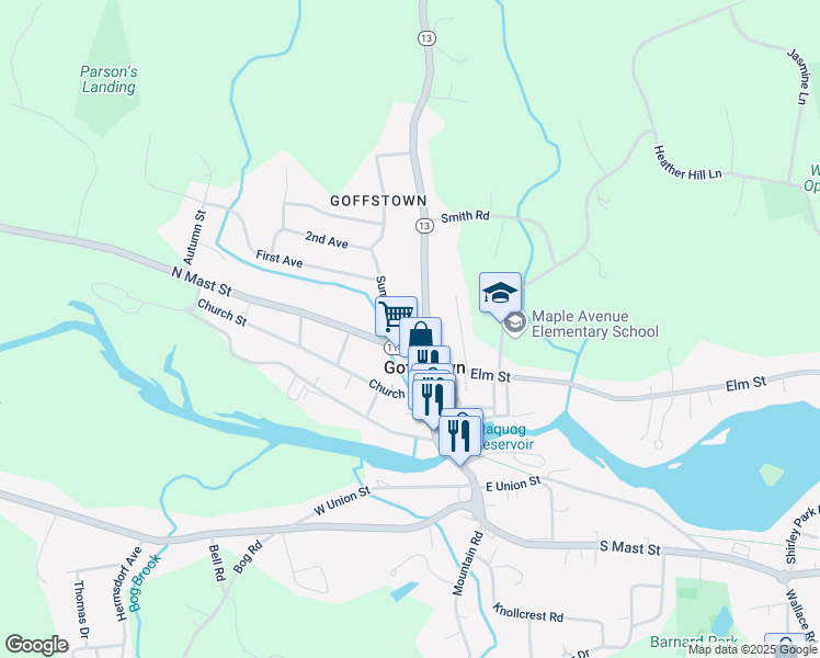 map of restaurants, bars, coffee shops, grocery stores, and more near 10 North Mast Street in Goffstown