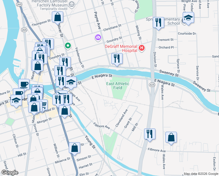 map of restaurants, bars, coffee shops, grocery stores, and more near 51 Douglas Street in Tonawanda