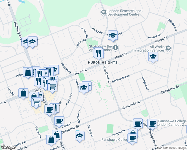 map of restaurants, bars, coffee shops, grocery stores, and more near 1443 Huron Street in London