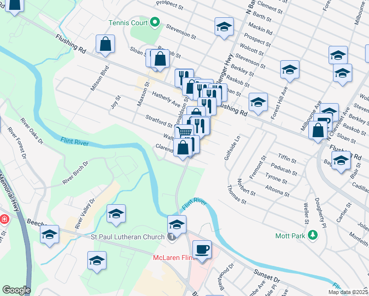 map of restaurants, bars, coffee shops, grocery stores, and more near 3058 Clarendon Street in Flint