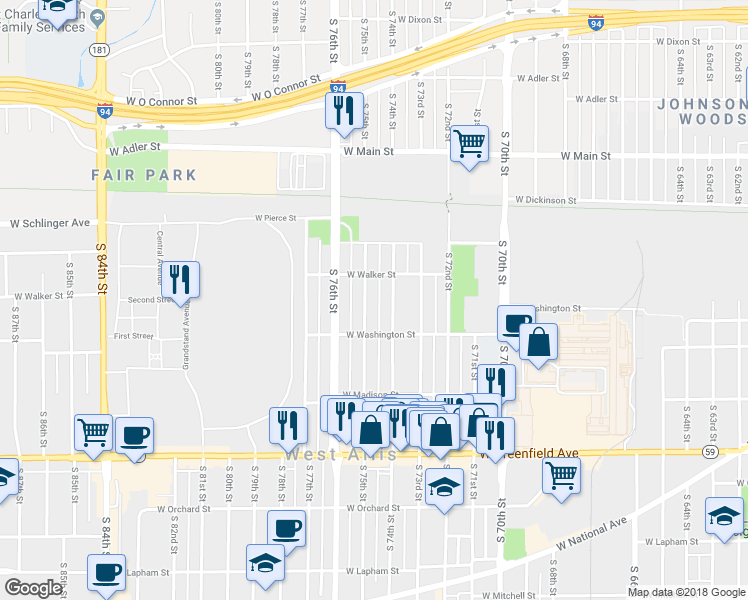 map of restaurants, bars, coffee shops, grocery stores, and more near 939 South 74th Street in West Allis