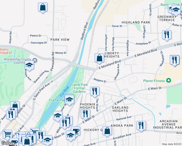 map of restaurants, bars, coffee shops, grocery stores, and more near 1430 White Rock Avenue in Waukesha