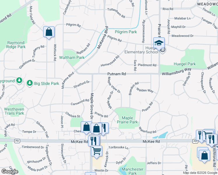 map of restaurants, bars, coffee shops, grocery stores, and more near 2822 Maple View Drive in Madison