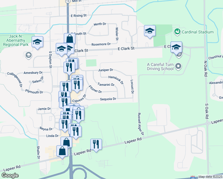 map of restaurants, bars, coffee shops, grocery stores, and more near 515 Fitzner Drive in Davison