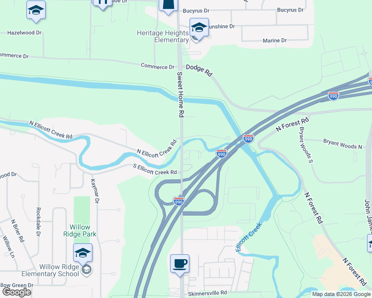 map of restaurants, bars, coffee shops, grocery stores, and more near 2215 Sweet Home Road in Buffalo