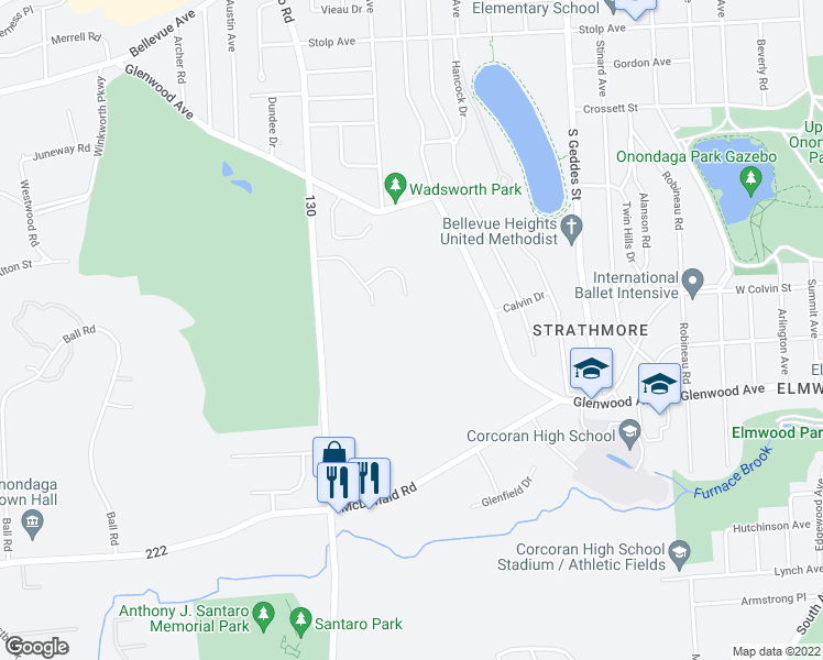 map of restaurants, bars, coffee shops, grocery stores, and more near 5208 Velasko Road in Syracuse