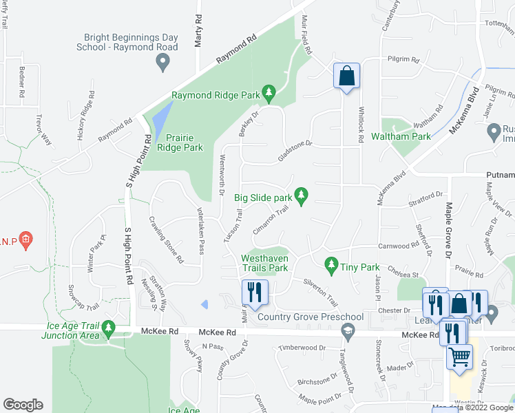 map of restaurants, bars, coffee shops, grocery stores, and more near 7345 Santa Fe Trail in Madison