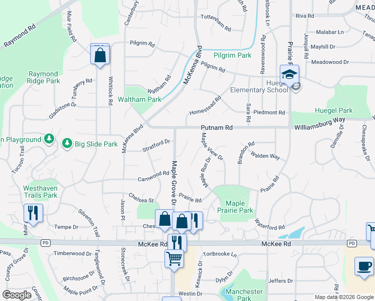 map of restaurants, bars, coffee shops, grocery stores, and more near 17 Maple Grove Court in Madison