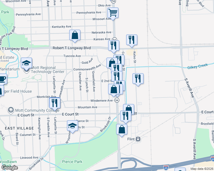 map of restaurants, bars, coffee shops, grocery stores, and more near 514 South Meade Street in Flint